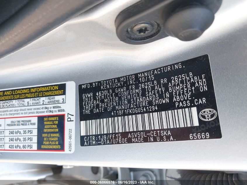 2016 TOYOTA CAMRY XLE/SE/LE/XSE - 4T1BF1FK0GU541294