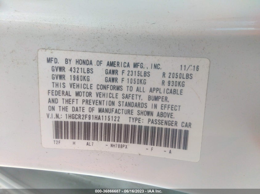 VIN 1HGCR2F91HA115122 2017 HONDA ACCORD SEDAN EX-L