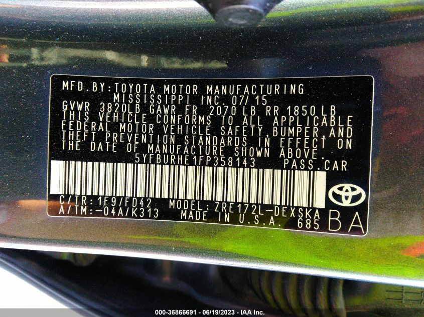 2015 TOYOTA COROLLA L/LE/LE PLS/PRM/S/S PLS - 5YFBURHE1FP358143