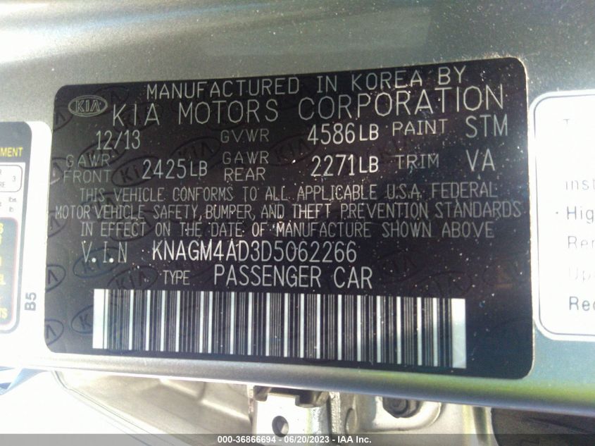 2013 KIA OPTIMA HYBRID EX - KNAGM4AD3D5062266