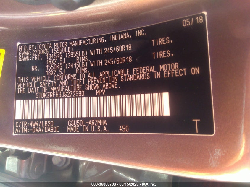 VIN 5TDKZRFH3JS272590 2018 TOYOTA HIGHLANDER SE/XLE