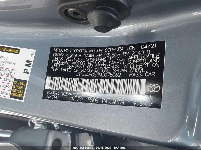 2021 TOYOTA COROLLA SE/NIGHTSHADE/APEX SE - JTDS4MCE9MJ078062