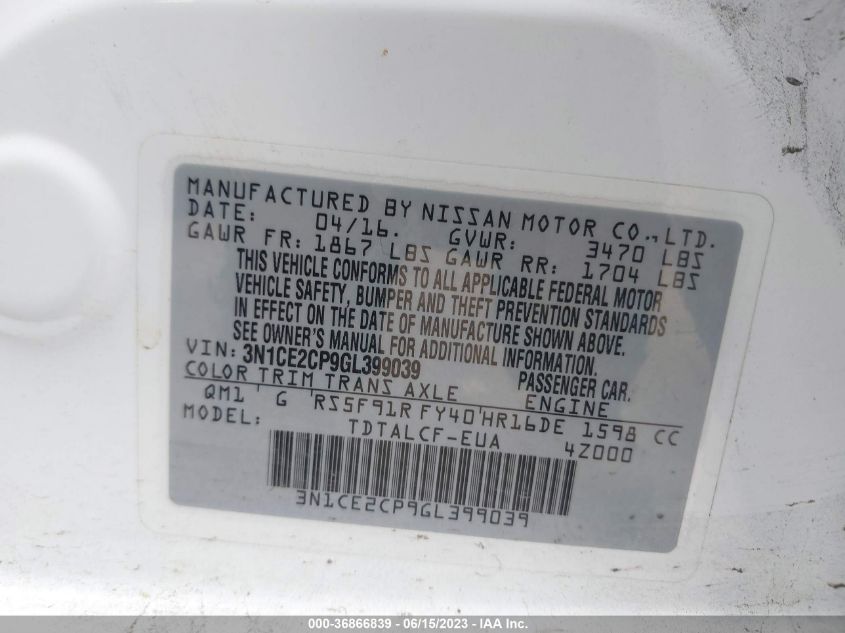 2016 NISSAN VERSA NOTE S - 3N1CE2CP9GL399039