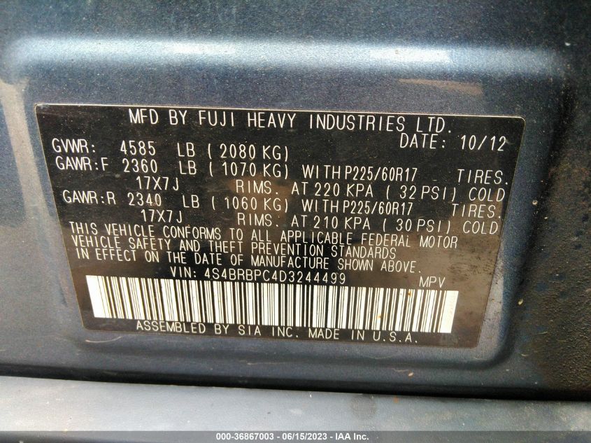2013 SUBARU OUTBACK 2.5I LIMITED - 4S4BRBPC4D3244499