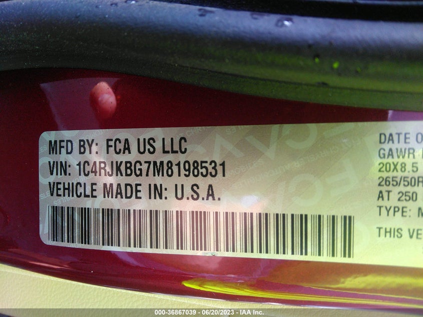 VIN 1C4RJKBG7M8198531 2021 JEEP GRAND CHEROKEE L LIMITED
