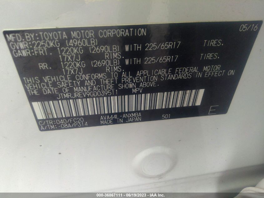 2016 TOYOTA RAV4 HYBRID XLE JTMRJREV9GD039511