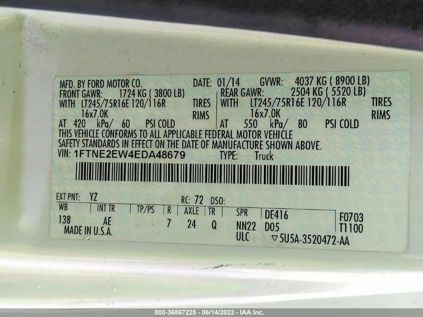 2014 FORD ECONOLINE CARGO VAN COMMERCIAL 1FTNE2EW4EDA48679