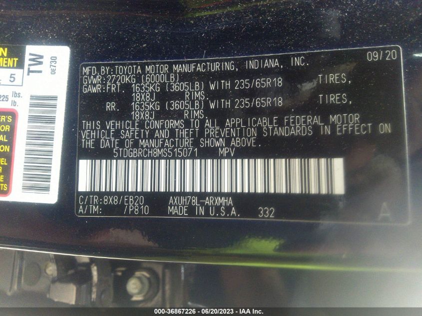 2021 TOYOTA HIGHLANDER HYBRID XLE - 5TDGBRCH8MS515071