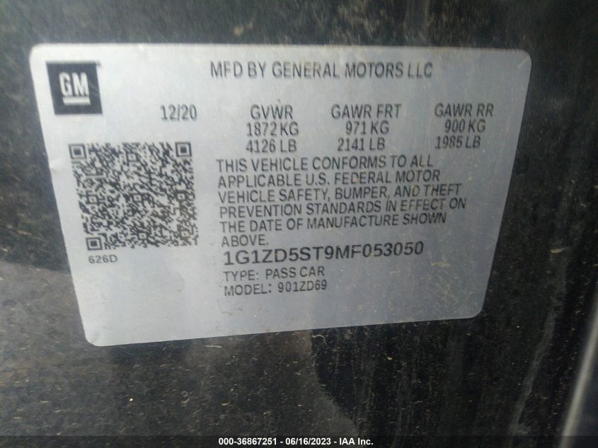 2021 CHEVROLET MALIBU LT - 1G1ZD5ST9MF053050