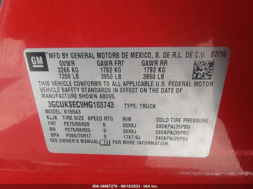 2017 CHEVROLET SILVERADO 1500 LTZ - 3GCUKSEC9HG103743