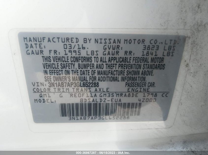 2016 NISSAN SENTRA SR/SL/S/SV/FE+ S - 3N1AB7AP3GL652288