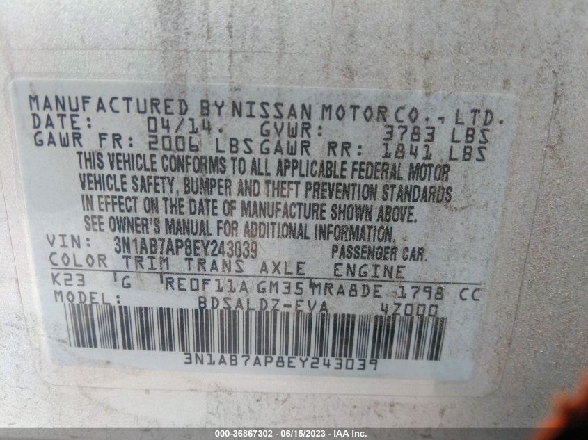 2014 NISSAN SENTRA S/FE+ S/SV/FE+ SV/SR/SL - 3N1AB7AP8EY243039
