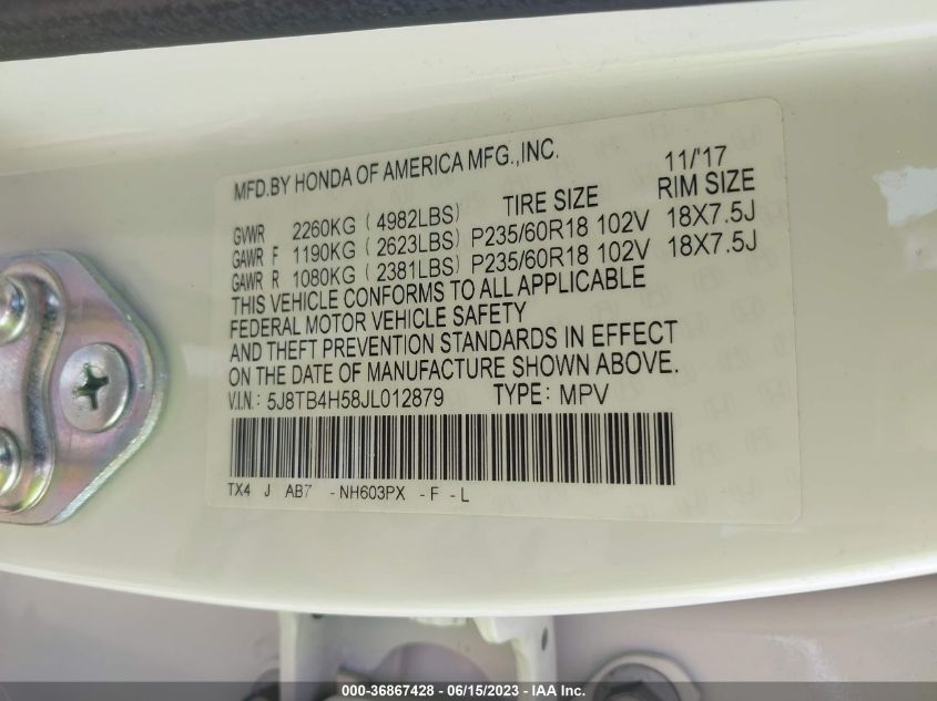 2018 ACURA RDX W - 5J8TB4H58JL012879