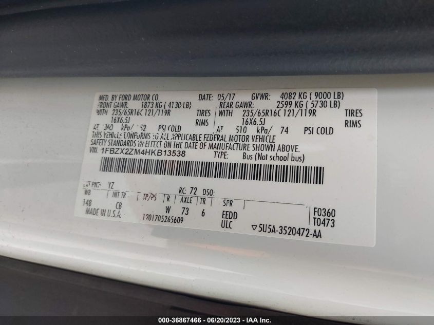 2017 FORD TRANSIT WAGON XL/XLT - 1FBZX2ZM4HKB13538
