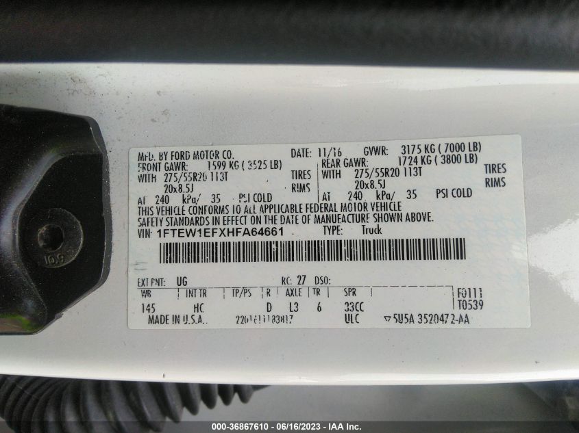 2017 FORD F-150 XL/XLT/LARIAT - 1FTEW1EFXHFA64661
