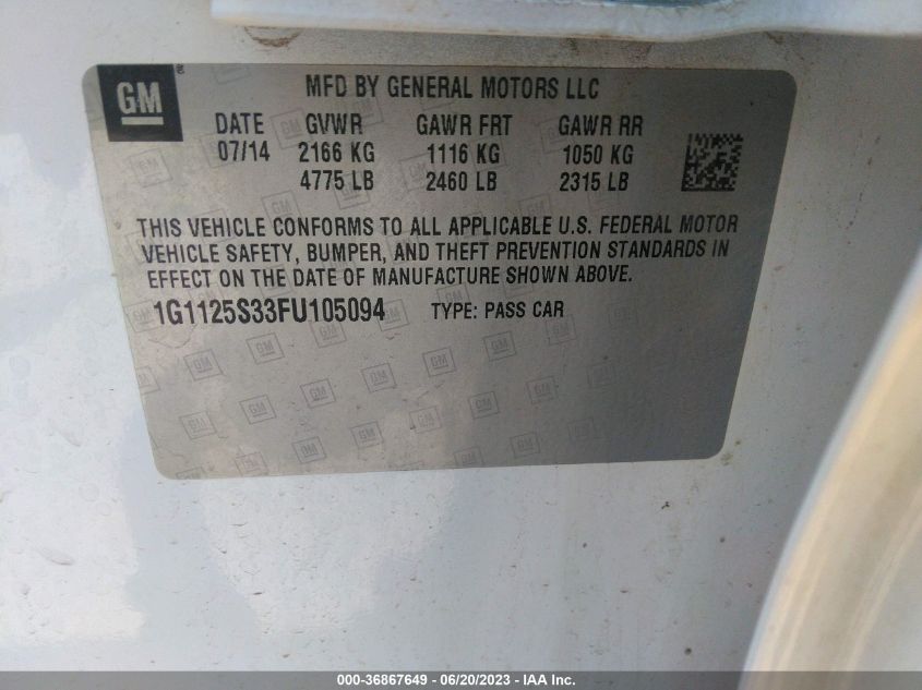 2015 CHEVROLET IMPALA LT - 1G1125S33FU105094