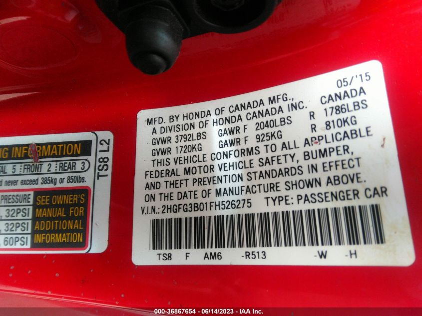 2015 HONDA CIVIC COUPE EX-L - 2HGFG3B01FH526275