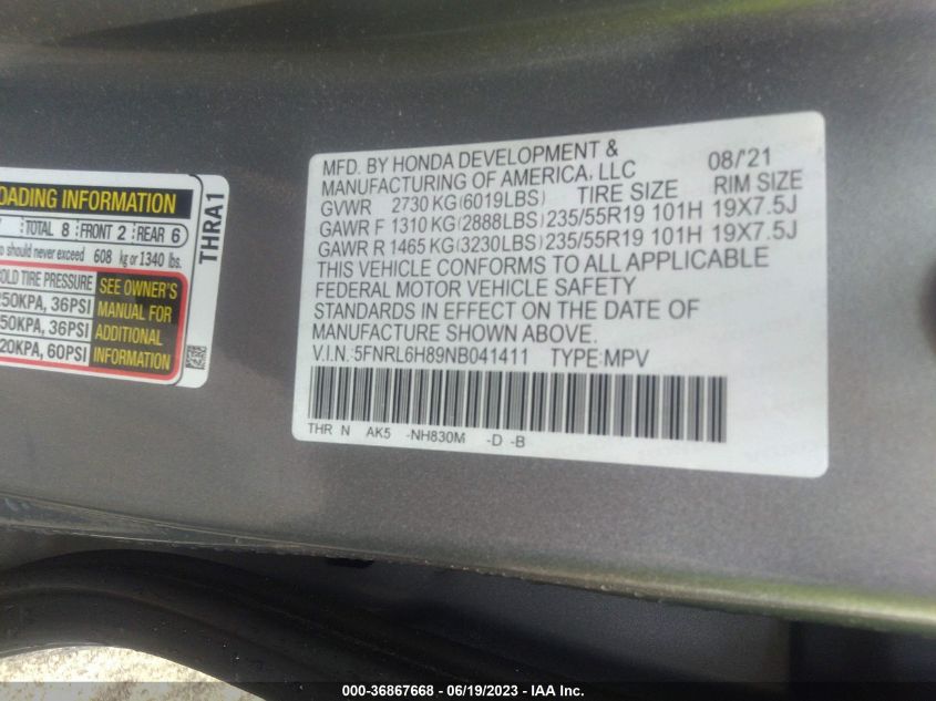 2022 HONDA ODYSSEY TOURING - 5FNRL6H89NB041411