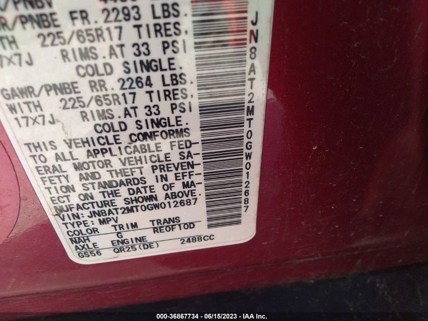2016 NISSAN ROGUE S/SL/SV - JN8AT2MTOGW012687