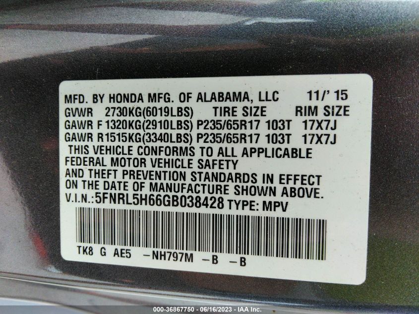 2016 HONDA ODYSSEY EXL - 5FNRL5H66GB038428