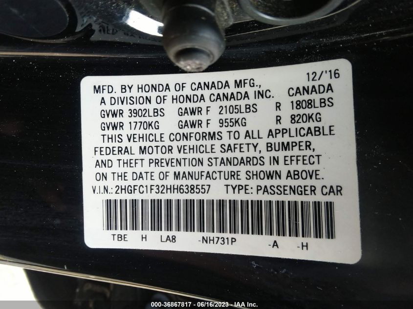 2017 HONDA CIVIC SEDAN EX-T - 2HGFC1F32HH638557