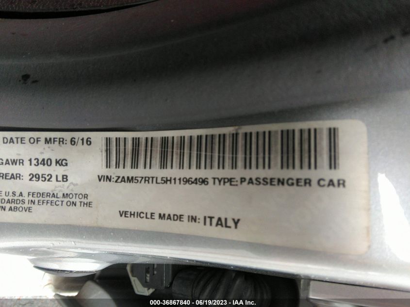 2017 MASERATI GHIBLI S Q4 ZAM57RTL5H1196496
