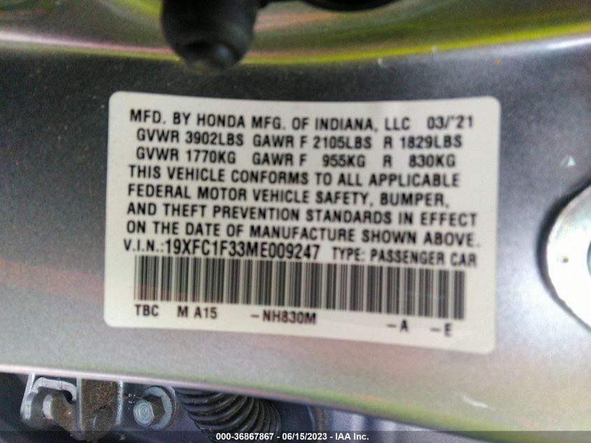 2021 HONDA CIVIC SEDAN EX - 19XFC1F33ME009247