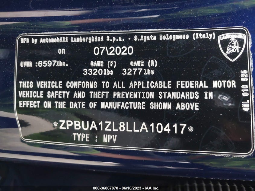 VIN ZPBUA1ZL8LLA10417 2020 LAMBORGHINI URUS