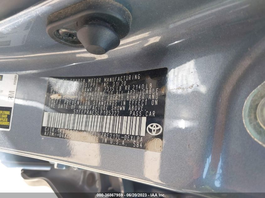 VIN: 5YFEPRAE5LP105322 2020 TOYOTA COROLLA LE