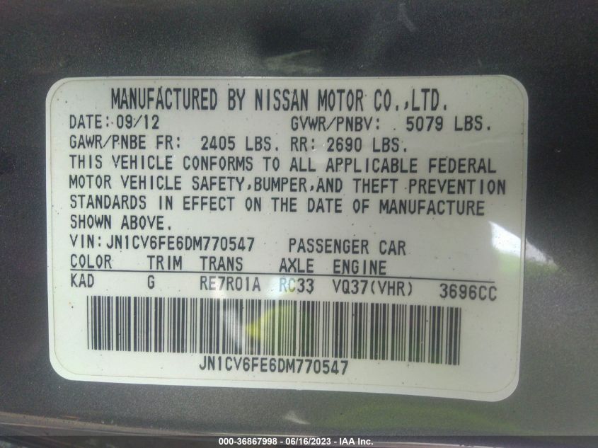 2013 INFINITI G37 CONVERTIBLE BASE JN1CV6FE6DM770547