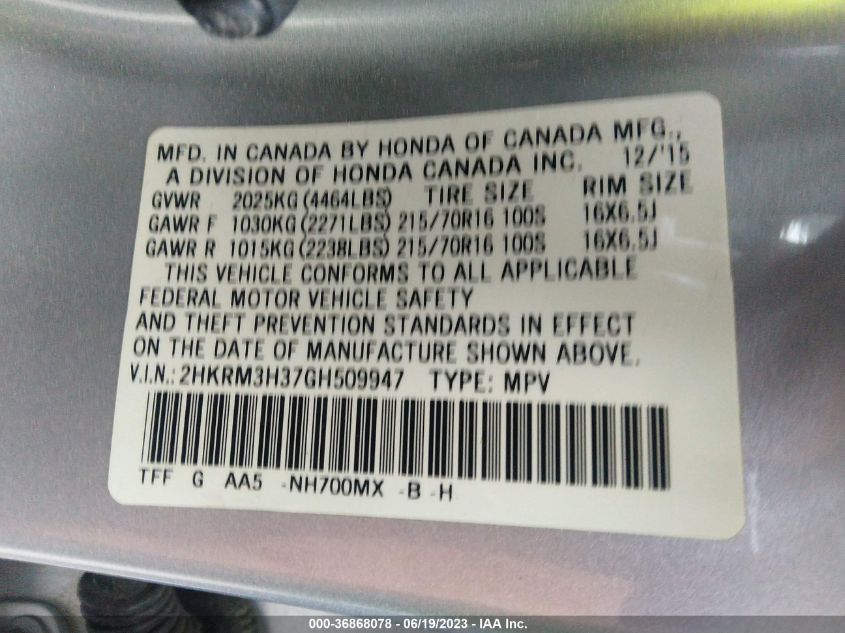 2016 HONDA CR-V LX - 2HKRM3H37GH509947