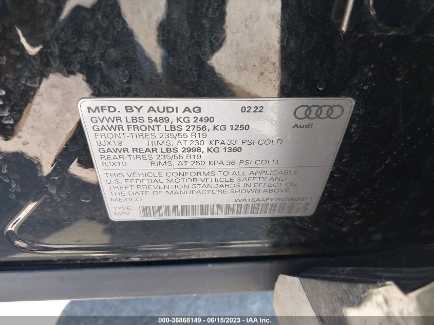 2022 AUDI Q5 SPORTBACK S LINE PREMIUM PLUS - WA15AAFY7N2068811