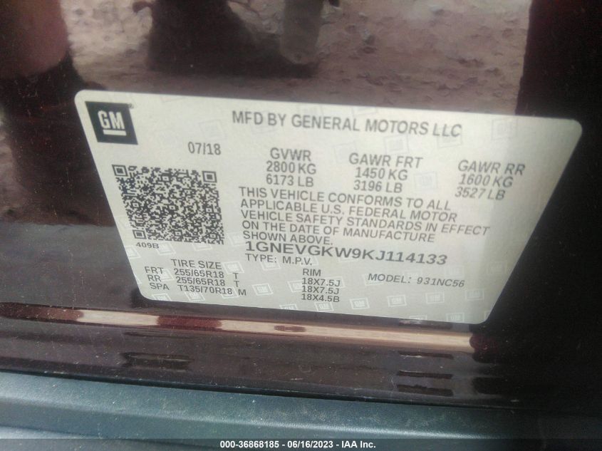 2019 CHEVROLET TRAVERSE LT CLOTH - 1GNEVGKW9KJ114133