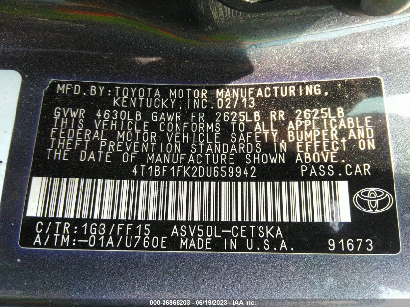 2013 TOYOTA CAMRY L/SE/LE/XLE - 4T1BF1FK2DU659942