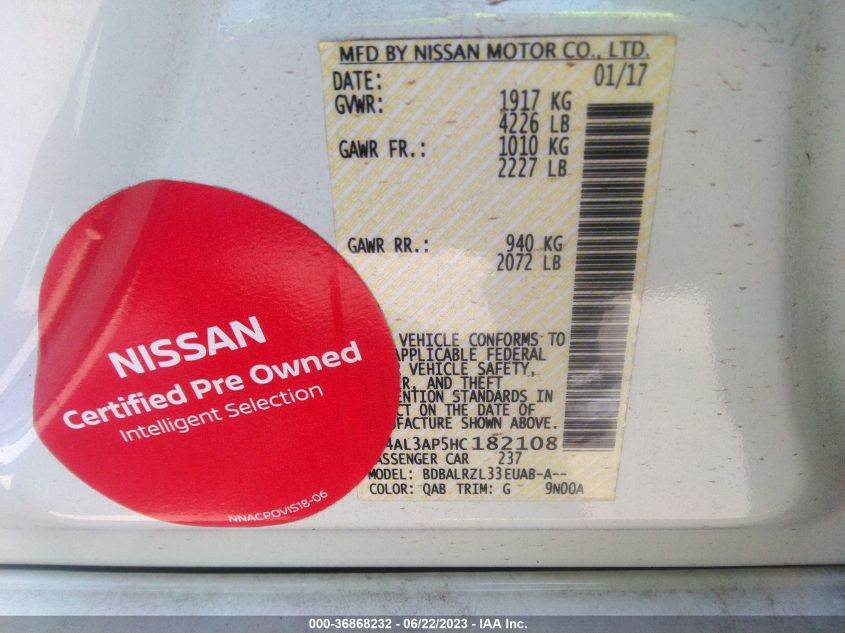 2017 NISSAN ALTIMA 2.5 SL - 1N4AL3AP5HC182108