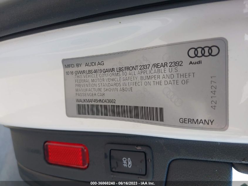 2017 AUDI A4 SEASON OF AUDI ULTRA - WAUKMAF45HN043662