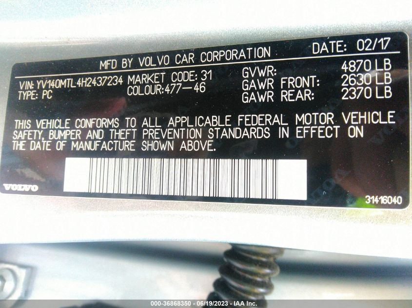 2017 VOLVO S60 DYNAMIC - YV140MTL4H2437234