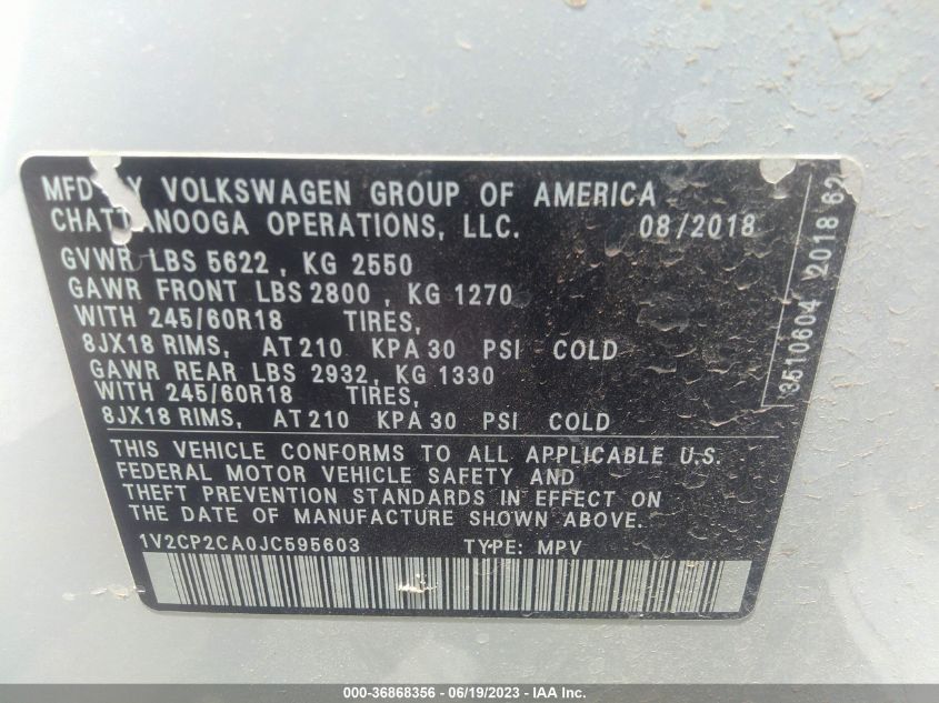 2018 VOLKSWAGEN ATLAS 2.0T SE - 1V2CP2CA0JC595603