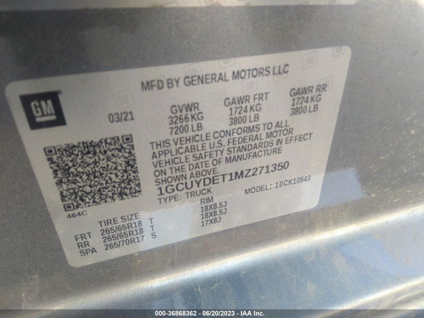 2021 CHEVROLET SILVERADO 1500 LT - 1GCUYDET1MZ271350