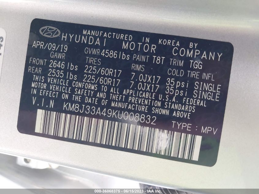 2019 HYUNDAI TUCSON VALUE - KM8J33A49KU008832