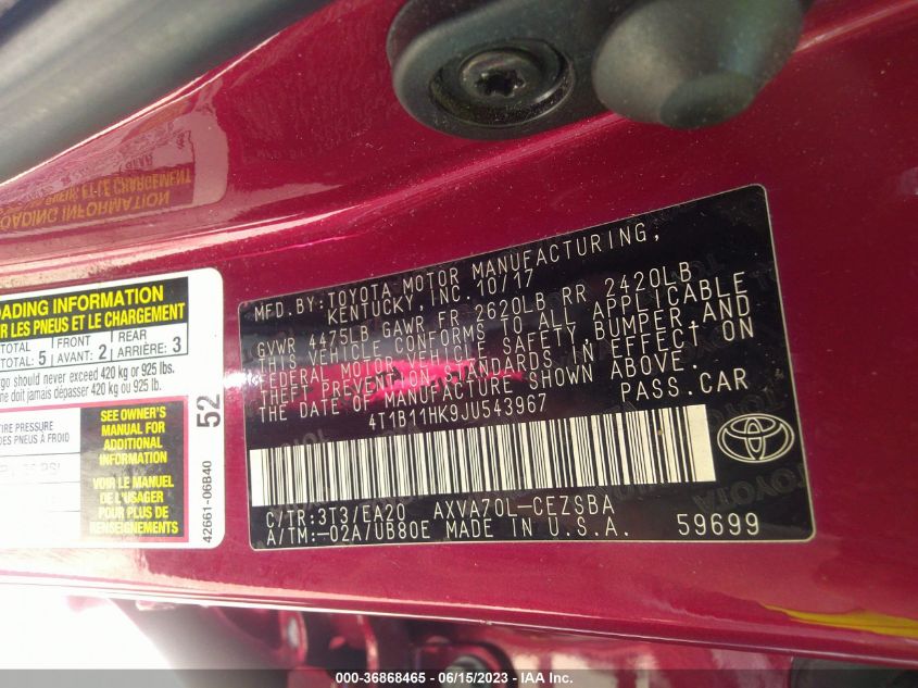 2018 TOYOTA CAMRY LE/SE/XLE/L - 4T1B11HK9JU543967