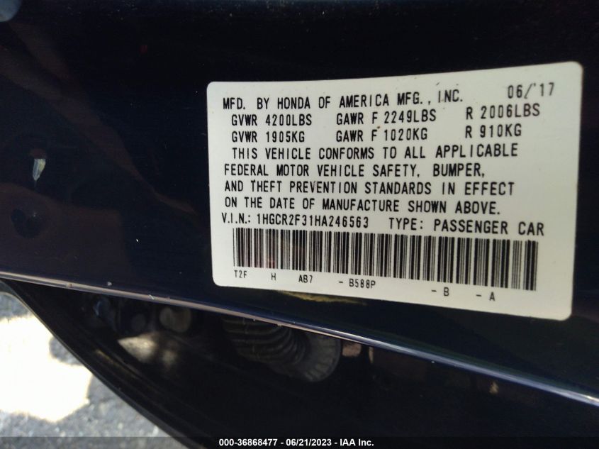 2017 HONDA ACCORD SEDAN LX - 1HGCR2F31HA246563