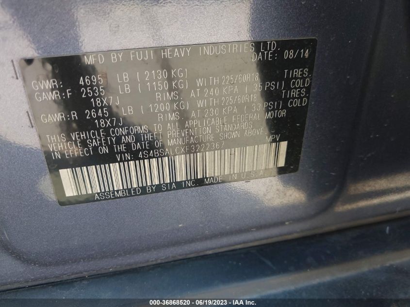 2015 SUBARU OUTBACK 2.5I LIMITED - 4S4BSALCXF3222367