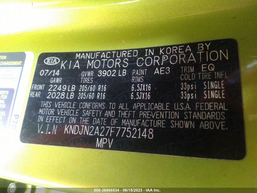 2015 KIA SOUL BASE - KNDJN2A27F7752148