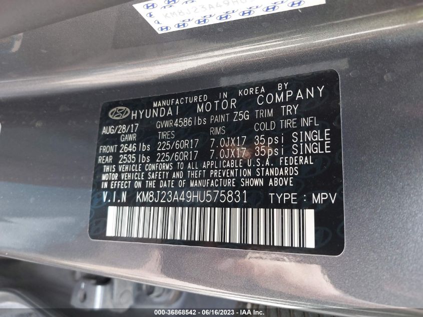 2017 HYUNDAI TUCSON SE - KM8J23A49HU575831