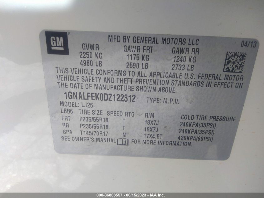 2013 CHEVROLET EQUINOX LTZ - 1GNALFEK0DZ122312