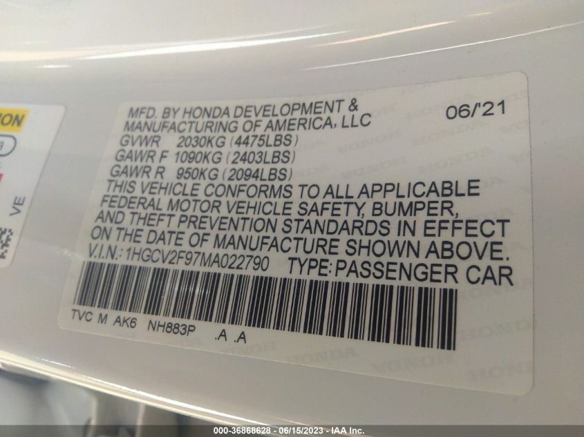 2021 HONDA ACCORD SEDAN TOURING - 1HGCV2F97MA022790