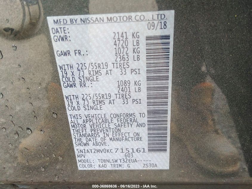 2019 NISSAN ROGUE SL - 5N1AT2MV0KC715161