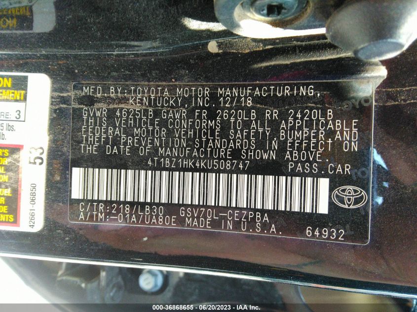 2019 TOYOTA CAMRY V6 - 4T1BZ1HK4KU508747