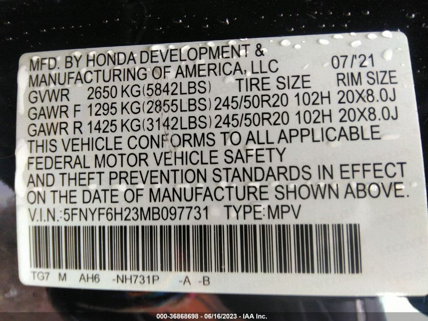 2021 HONDA PILOT SPECIAL EDITION - 5FNYF6H23MB097731